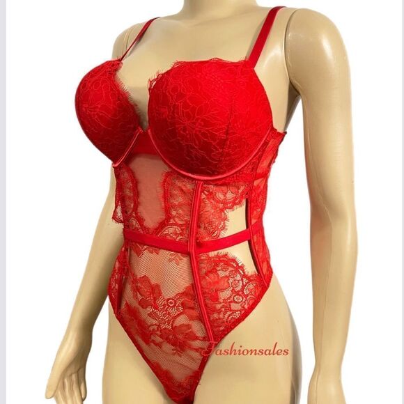 Victoria’s Secret Sexy Bombshell Push Up Adds 2 Cups Lace Teddy Bodysuit Red M - Picture 1 of 10